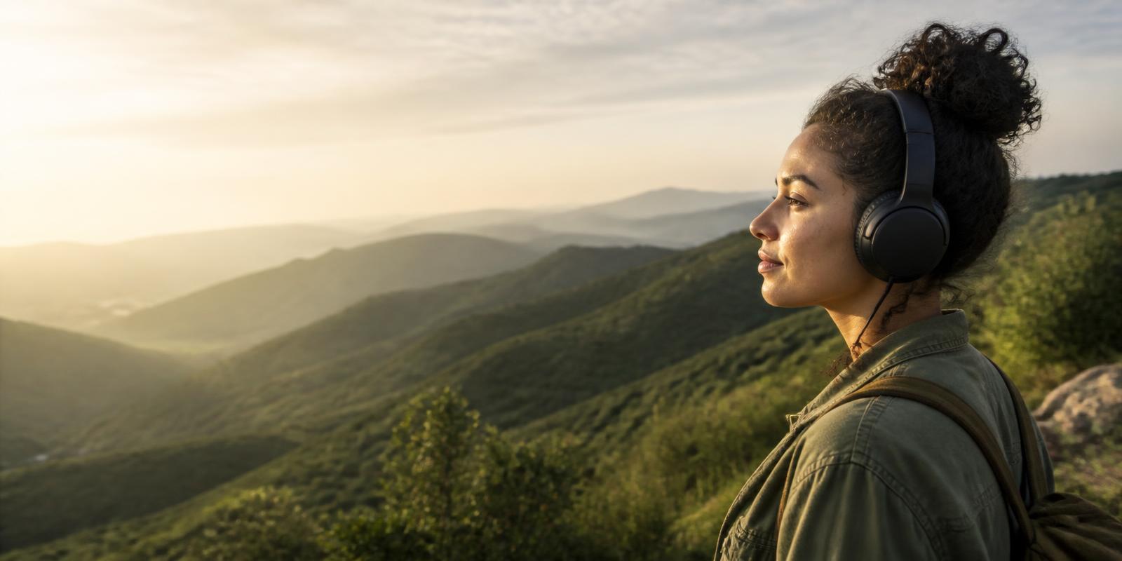 Listener enjoying a podcast overlooking a green landscape